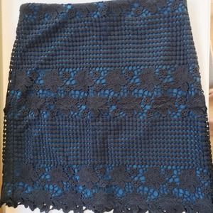 Ann Taylor LOFT black lace overlay blue skirt